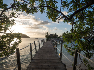 Ocean Landscape Boardwalk Walkway Over Beach out to Lone Palm Tree Island in Fiji with Beautiful Tree Boarder Surround
