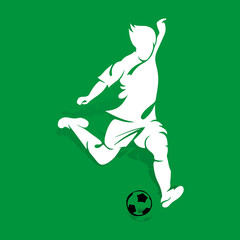 Soccer player kicks on the ball, white silhouette on a green background,
