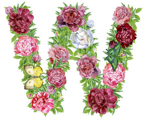Letter W of watercolor flowers