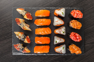 japanese cuisine, sushi set on a board