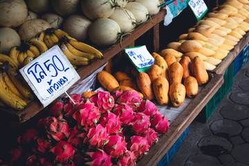 Fruit market Dragon fruit papaya mango banana Cantaloupe in chiangmai market 