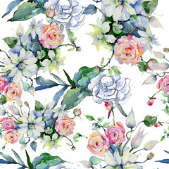 Tender bouquet flowers. Seamless background pattern. Fabric wallpaper print texture. Aquarelle wildflower for background, texture, wrapper pattern, frame or border.
