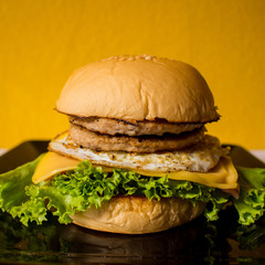Hambúrguer artesanal brasileiro com duas carnes, queijo, presunto, ovo, alface, tomate e cebola. Delicioso x-salada típico