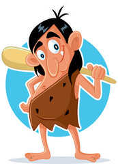 Funny Cartoon Caveman with Bat Vector Illustration