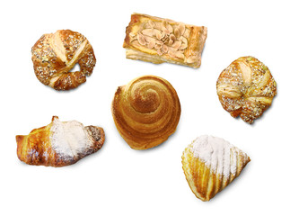 bakery food ideas - variety bread, donut,  bun and toast isolated on white background.