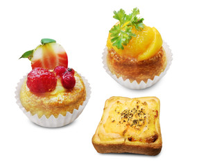 bakery food ideas - variety bread, donut,  bun and toast isolated on white background.