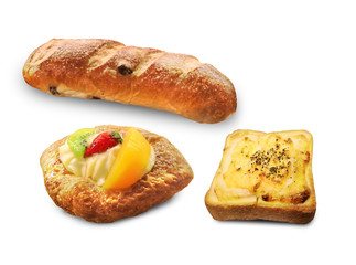 bakery food ideas - variety bread, donut,  bun and toast isolated on white background.