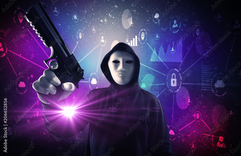 Poster armed burglar in dark secured database network cloud and report concept