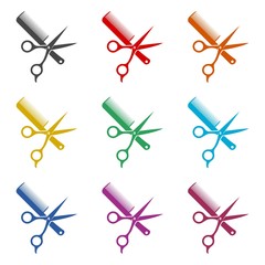 Comb and scissors icon, color icons set