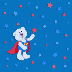 Polar bear cub is super. Blue background with stars and an openwork ribbon. Design for a banner, poster, postcard. Invitation card or template for children's products.