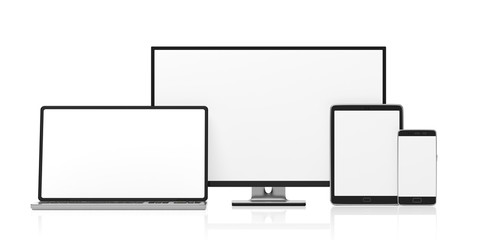Set of realistic blank monitors. Computer monitor, laptop, tablet and smartphone isolated on white background, copy space. 3d illustration