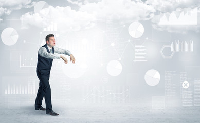 Workaholic businessman dreaming about his work, report, graphs and charts
