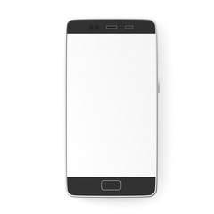 Smartphone with blank white screen isolated on white background, top view, copy space. 3d illustration