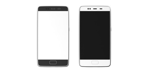 Smartphones with blank white and black screens isolated on white background, top view, copy space. 3d illustration