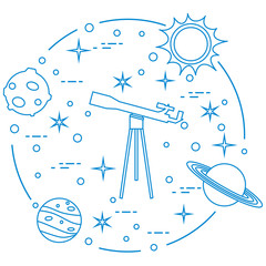 Science: telescope, sun, moon, planets, stars.