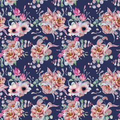 Watercolor floral navy blue seamless pattern Hand drawn illustration