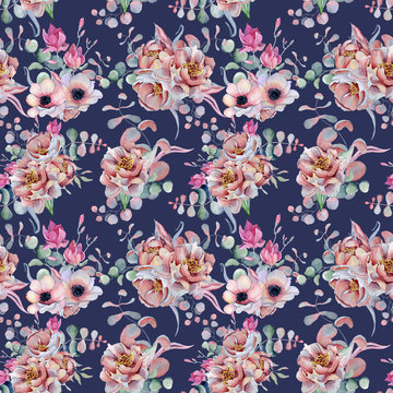 Watercolor floral navy blue seamless pattern Hand drawn illustration