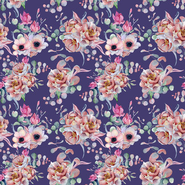 Watercolor floral violet seamless pattern Hand drawn illustration