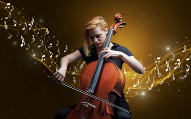 Fototapeta premium Lonely musical composer with cello and sparkling musical notes around