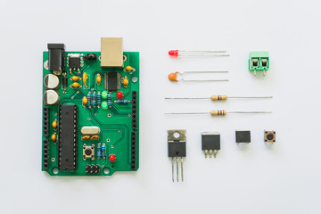 Top view of electronics component such as PCB board, resistor, ICs, capacitor, switch, and...