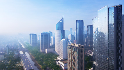 Jakarta cityscape at misty morning