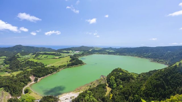Aerial view of Furnas lake (Lagoa das Furnas), Sao Miguel island, Azores, Portugal (time lapse video)
