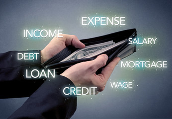 Businessman's hand takes out dollar from wallet with bank keywording wallpaper