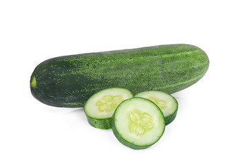 whole cucumber with slices isolated on white background