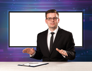 Television program host with big copy screen in his back concept