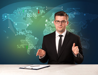 Trade market analyst is studio reporting world trading news with map concept on background