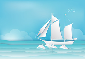 Sailing ship and Dolphin in the sea background paper art, paper craft style illustration