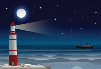 Lighthouse and Ocean liner in the ocean night sky. Paper craft illustration bakground.