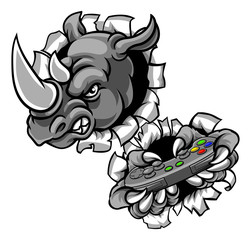 Rhino Gamer Holding Games Controller Mascot