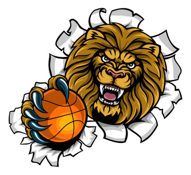 Lion Holding Basketball Ball Breaking Background