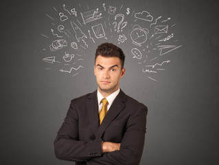 Young businessman with white social icons around his head 