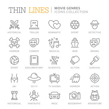 Collection of movie genres thin line icons