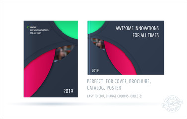 Brochure design round template. Colourful modern abstract set, annual report with circle for branding.