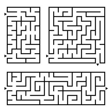 A set of square and rectangular labyrinths with entrance and exit. Simple flat vector illustration isolated on white background.