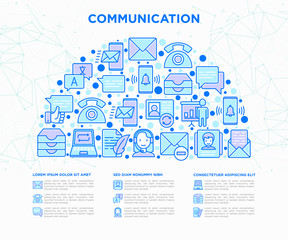 Communication concept in half circle with thin line icons: email, phone, chat, contacts, comment, inbox, translator,presentation, message, support. Modern vector illustration, template for web page.