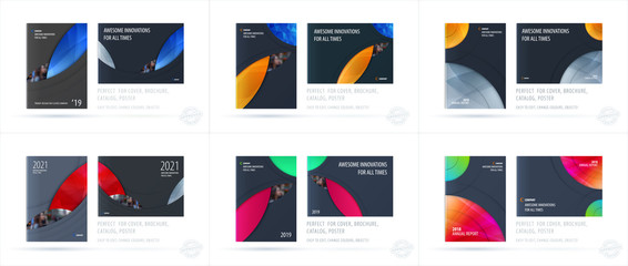 Brochure design round template. Colourful modern abstract set, annual report with circle for branding.