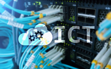 ICT - information and communications technology concept on server room background.?