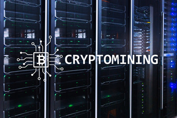 Cryptocurrency mining concept on server room background.?