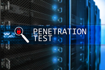 Penetration test. Cybersecurity and data protection. Hacker attack prevention. Futuristic  server room on background. 