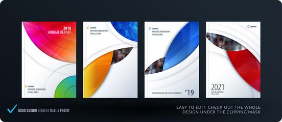 Brochure design round template. Colourful modern abstract set, annual report with circle for branding.