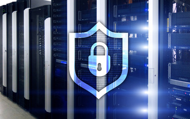 Cyber protection shield icon on server room background. Information Security and virus detection.