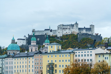 Fototapeta na wymiar View of Hohensalzburg Castle from Salzach, Salzburg, Austria