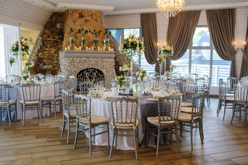 Wedding vintage restaurant with metal chairs.