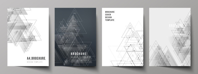 The vector editable layout of A4 format cover mockups design templates for brochure, magazine, flyer, booklet. Polygonal background with triangles, connecting dots and lines. Connection structure.