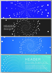 The minimalistic vector illustration of the editable layout of headers, banner design templates in popular formats. Geometric technology background. Abstract monochrome vortex trail.