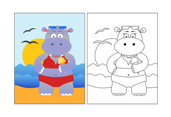 Coloring picture for kids, animal, summer hippo on a beach
